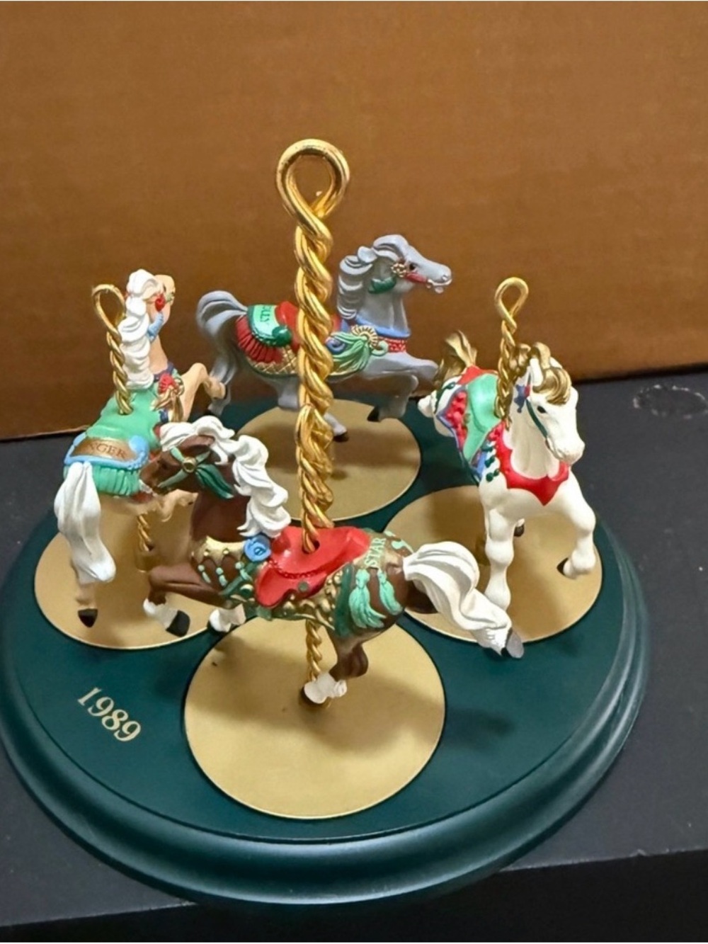 Vintage-Inspired Green & Gold Carousel Horse Musical Figurine - 1989